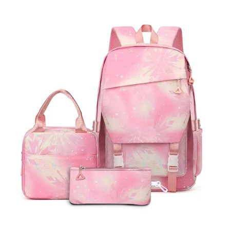 3-delad studentryggsäck med lunchväska och pennfodral för 6-14 år, rosa
