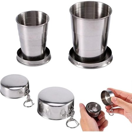 ING Foldbar Krus - 2-pakke (75ml + 150ml) - med nøglering - Udendørs Camping Krus - BPA-fri - Foldbar Rejsekrus i Rustfrit Stål