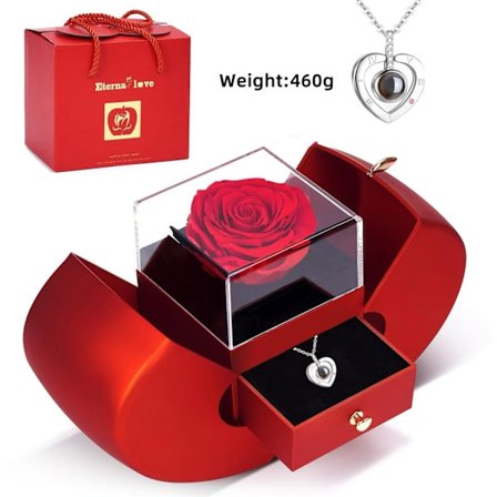 Evig Rød Rose Med Halskjede, En Romantisk Gave Til Mor, Bestemor Og Venner Sølv