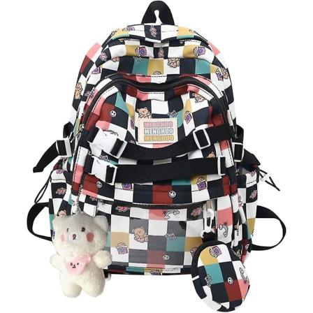 Söpö Kawaii-reppu teini-ikäisille tytöille nukella, muodikas ruudullinen reppu koulureppuun, jossa on ruudullinen kuvio. (musta)