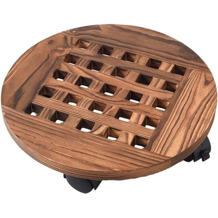 Växtställ i trä - Rund blomkrukshållare i massivt trä med hjul, Mobil blomställningsbas med hjul, Blomkrukställning (25 cm)