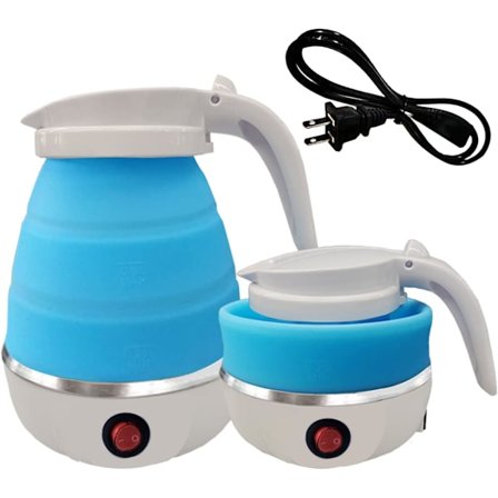 Sammenleggbar bærbar elektrisk vannkoker med matkvalitet silikon, 9 minutter rask brygge te vannkoker kaffetrakter, 600ML blå