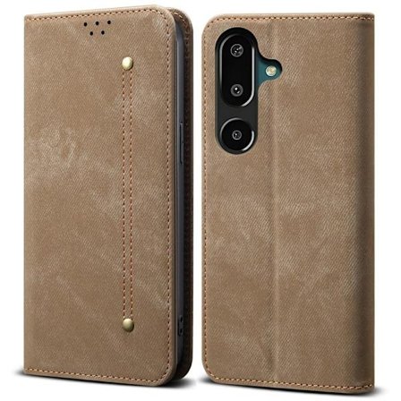 Samsung Galaxy M16 5G / F16 5G Fodral Jeans Cloth Texture Anti-Scratch Leather Stand Phone Cover - Khaki