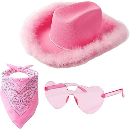 Pink Cowboy Hat Set Pink Fringed Cowgirl Hat with Heart Glasses and Pink Bandana for Women Girls Perfect Western Cowgirl Cosplay Costume