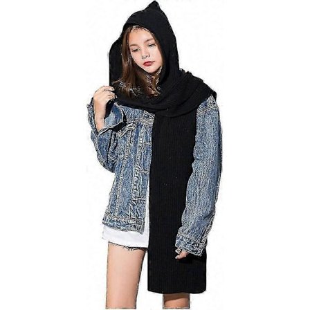 Vinter 3-i-1 Hette Skjerf Sjal Heklet Strikket Genser for Varme Svart, Dame