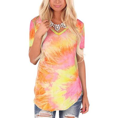 Dam T-shirt V-hals Kortärmad Top Tie Dye Summer Casual