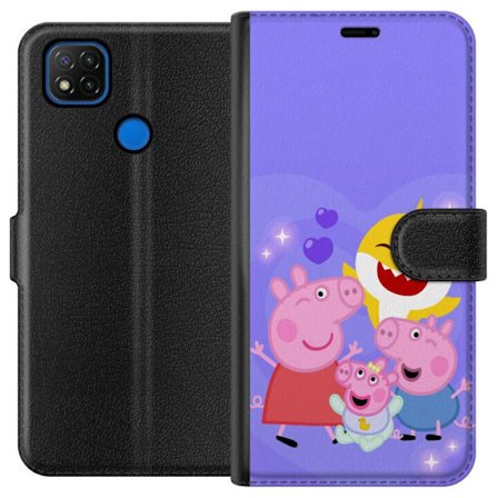 Kompatibelt Lommeboketui til Xiaomi Redmi 9C Peppa Gris mønster med hjerter, sommerfugler og venner, lys rosa bakgrunn i myke barneillustrasjoner