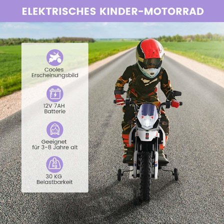 Elmotorcykel för barn med träningshjul, musik, 12V batteri