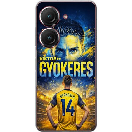 Yhteensopiva Puhelinkuori Asus Asus Zenfone 9 Viktor Gyökeres jalkapallojuliste keltaisella ja sinisellä värimaailmalla, dramaattinen stadiontausta