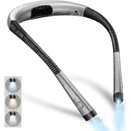 Glocusent Oppladbar Nakkeleselampe, Lampe for lesing i sengen, 3 farger, 3 lysstyrkenivåer, sammenleggbare armer, lang levetid, perfekt for lesing,