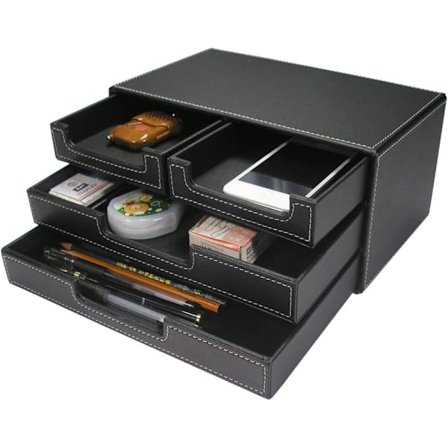 Træ/PU læder multifunktionel skrivebordsstationær arrangør opbevaringsboks, sort med skuffe