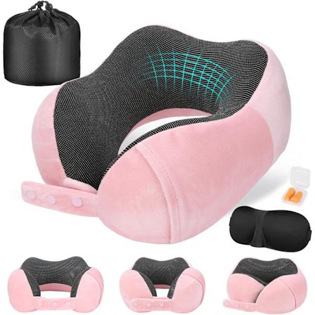 Reisepute i memory foam, justerbar og kompakt flypute, ergonomisk designet, inkluderer ørepropper, øyemaske og oppbevaringspose.
