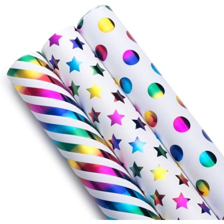 Regnbue Gavepapir Rulle, 3 Ruller Multifarvet Gavepapir til Fødselsdag Dekoration - 43 cm X 3 m pr. Rulle