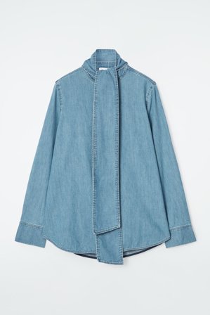COS Women's Neck Tie Denim Blouse in Blue