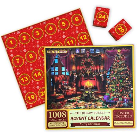 Adventskalender 2024, Julpussel, Adventskalender 1008 bitar för barn och vuxna, 24 dagars julnedräkningskalender & leksak & spel