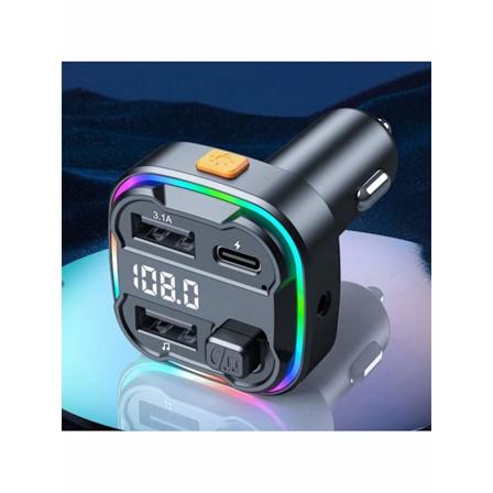 1. Svart ABS-bil Bluetooth-sender med billader, dobbelt USB & 1 stk. Type-C, kan oplade telefon og overføre musik til bilyd, 12-24V bil. Black