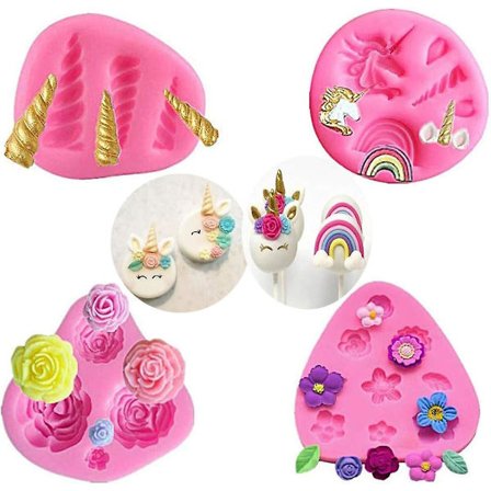 4 st Mini Unicorn Silikonform Unicorn Öron Horn Regnbåge Blommor och Blad Fondant Chokladform Cupcake Toppers