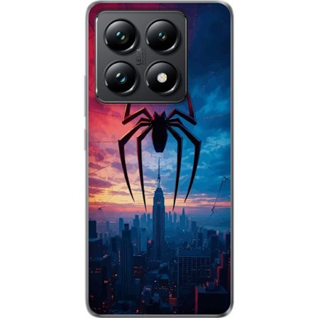 Kompatibelt Mobildeksel til Xiaomi Xiaomi 14T Stilisert edderkopp over bysilhuett i dramatisk solnedgang, grafisk fantasyillustrasjon med sterke farge