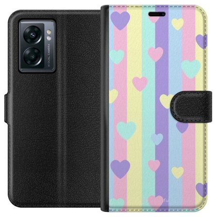 Kompatibelt Lommeboketui til OnePlus Nord N300 Pastellstriper i rosa, gul, lilla og blå med spredte hjerter i myk kawaii-stil.