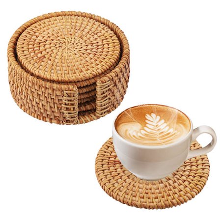 Pyöreät puiset lasinaluset, kevyt retrotyyli - rottinkilasinaluset, lasinaluset, lasinaluset sohvapöydälle, rottinkipidikkeellä kotiin