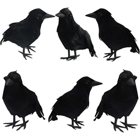 Halloween Sorte Kråker med Fjer, Livagtige Halloween Dekoration Fugle med Ægte Fjer (6 Pak)