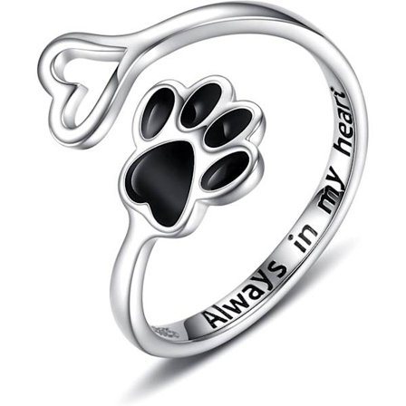 Valphundälskare Paw Print Ring Hjärta 925 Sterling Silver Justerbar Ring Husdjur Djur Smycken Kreativ Pierced Kärlek Hund Katt Klo Ring 