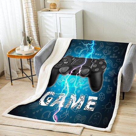 Gamer Fleece Filt Gaming Blå Blixt Sherpa Filt för Säng Soffa Barn Videospel Plysch Filt Spelkontroll Varm Mjuk Filt