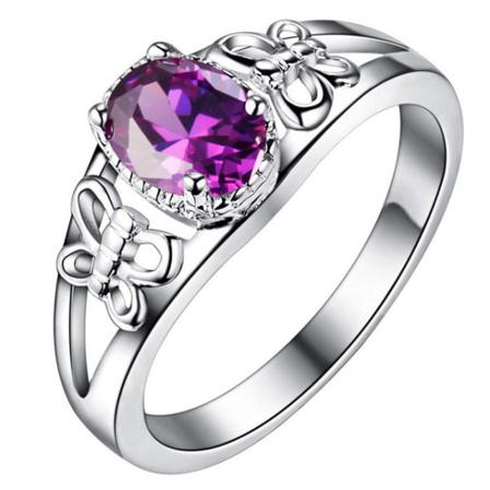Silver Ring Med Oval Lila Cz Kristall & Fjäril - Stl 18 Lila