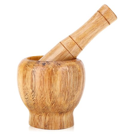 Mortel och stöt av trä för malning av vitlök, ingefära och örter