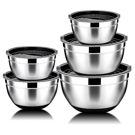 5 stk. Røreskål, salatskål i rustfrit stål med lufttæt låg og skridsikker bund, serveringsskål til køkken