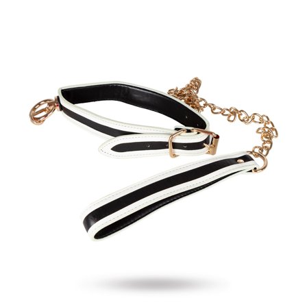 Glow-in-the-Dark Halsband med Koppel - Vit/Svart/Guld - Vuxen.se - BDSM halsband, BDSM koppel