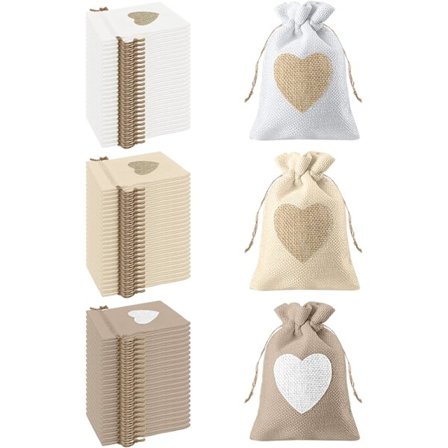 24 stk hjerteformet sekk i jute, 10*14 cm, for smykkeskrin, godteribesk W