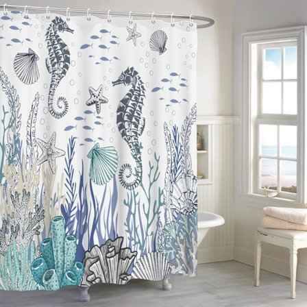 (180x180cm) Havhest Bruseforhæng, Nautisk Kyst Koraller og Musling