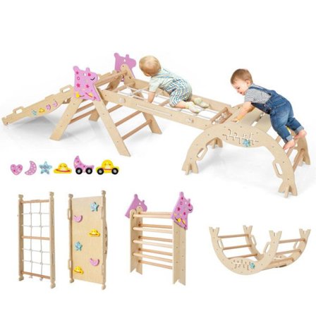 COSTWAY Taitettava Kiipeilykolmio Montessori Puusta Teemaleikkipaikka Unicornin Kaarella Luonnollinen