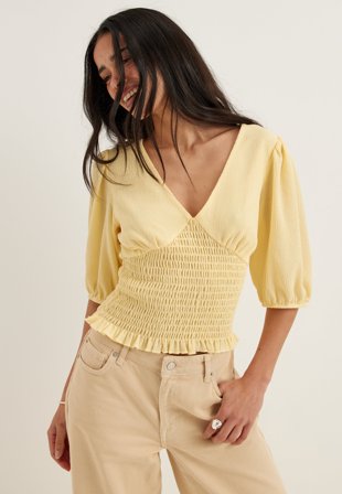 BUBBLEROOM - V-neck Smock Top - Light yellow