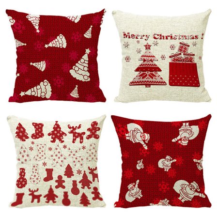 Set med 4 Merry Christmas Snöflingor Dekorerade Örngott Kuddfodral Familj Soffa Fyrkantig