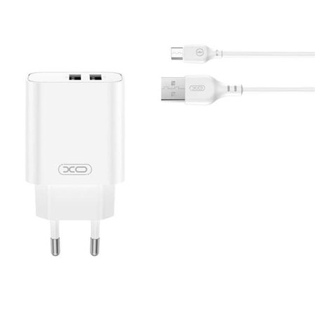 XO Seinälaturi 2xUSB 2.4A + USB-MicroUSB-kaapeli - Valkoinen