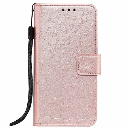 Fodral för iPhone 15 Pro Roséguld Sakura Katt 3D Präglat Plånboksfodral med Korthållare