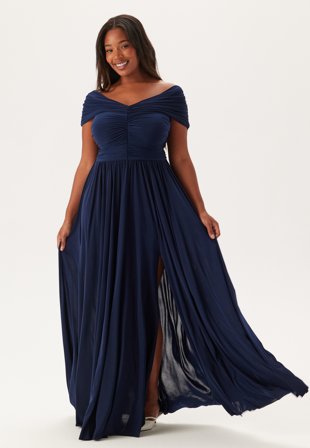 Goddiva Curve - Bardot Rouched Maxi With Split - Navy - Kläder - - Bubbleroom
