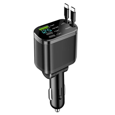 5-i-1 USB-C 100W Hurtiglader for Bil | Billader med Utrekkbare Kabler