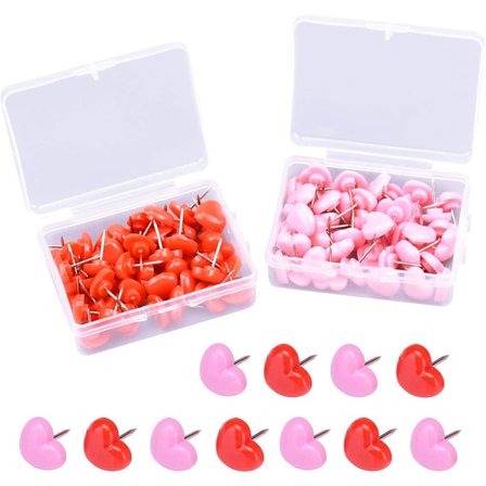 100 stk. hjerteformede trykknapper, kortnåle, søde vægdekorationer