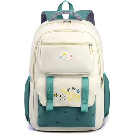 Ryggsekk for jenter, barn, søt Kawaii skoleveske, lett bokveske, ryggsekk for ungdomsskole og videregående skole med antityverilomme, beige ryggsekk