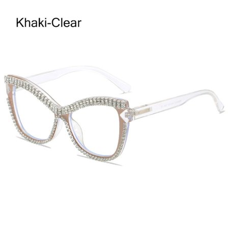 Rhinestone Cat Eye Glasögon Damglasögon Båge KHAKI-CLEAR
