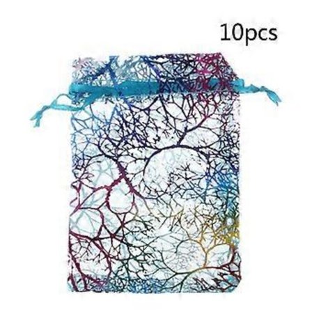 10 stk./lot Fargede grenmønster Organza-poser Bryllupsgaver Organza Julegaveposer Trekkesnor Emballasjeposer Blå 9*12cm