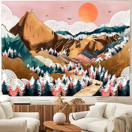 Berg Skogar Gobeläng, Sol och Moln Grön Rosa Vit Träd Estetisk Natur Gobeläng Väggbonad för Sovrum, Heminredning, 60 * 40 Tum