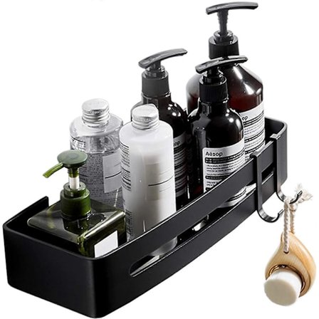 Badrum Duschkorg Självhäftande Hylla för Schampoförvaring, Väggmonterad Duschkorg Organiserare utan Borrning, Rostsäker Aluminium med 2 Krokar, Svart,