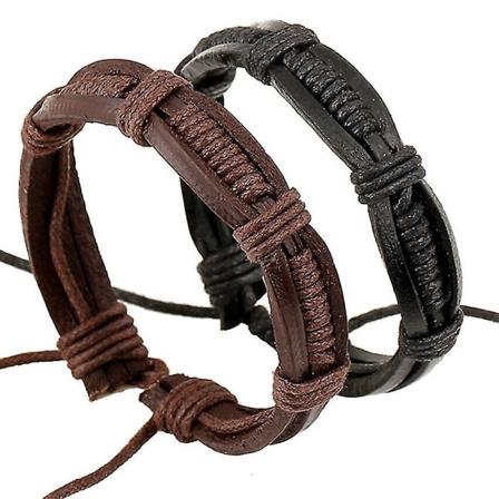 Håndlagde armbånd i ekte lær for menn og kvinner, flettet mansjett, punk-armbånd. (svart + brun) (2 stk)