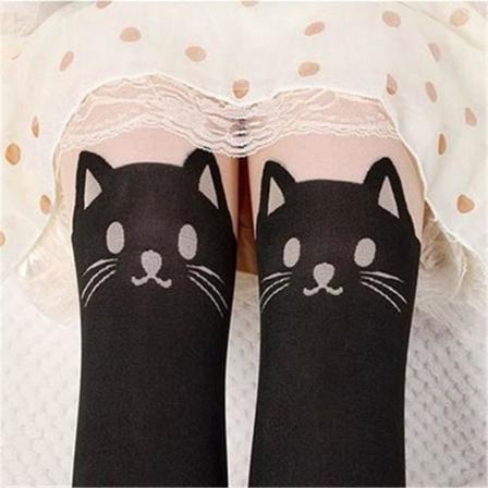 Söta Nylon Strumpbyxor Med Katter På Framsidan Anime Tjej Svart One Size