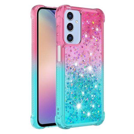 SKALO Samsung A15 5G Kvicksand Glitter Hjerter TPU Cover - Pink-Turkis