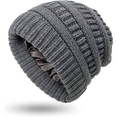 Vintervarm strikket lue med satengfôr, kabelstrikket beanie, chunky slouchy skallehette for kvinner